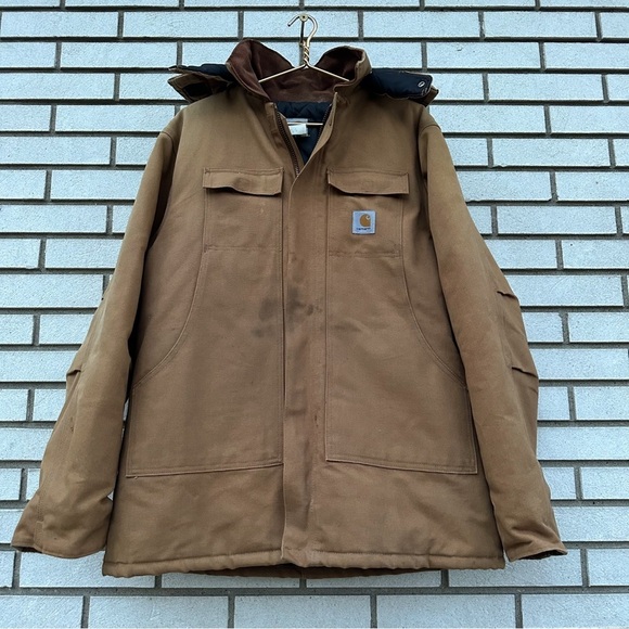 Vintage 90s Carhartt Tan Chore Jacket Detachable Hood Corduroy Collar Y2K - Picture 1 of 16